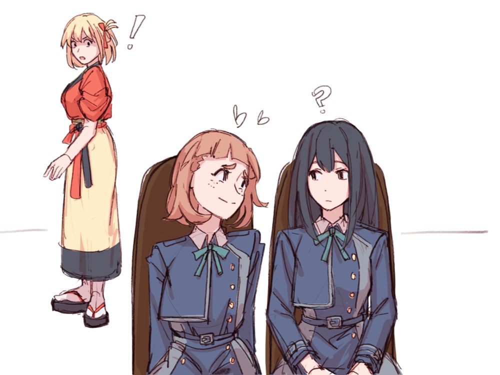 Illustration. Erika looks lovingly at Takina as she scoots her chair closer to her. Takina is like Okay? Chisato, in the background, looks at them in shock.