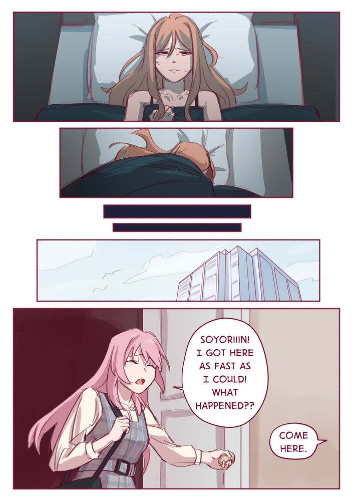 Soyo clenches her blanket while look distressed. She pulls the blanket over her to go back to sleep.
Next morning, Anon comes over to Soyo's.
Anon: "Soyoriiin! I got here as fast as I could! What happened??
Soyo: "Come here."