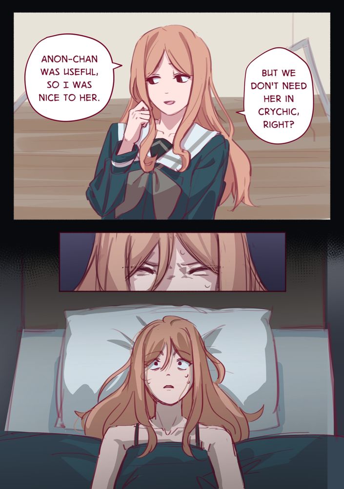 Illustration. (Soyo's flashback) Soyo: Anon-chan was useful, so I was nice to her. But we don't need her in Crychic, right?
Soyo wakes up look distressed from this flashback. 
