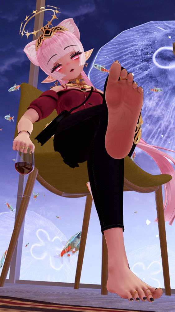 Goddess drunkenly leans back in their chair.