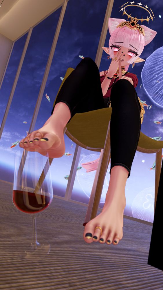 The Goddess Nefer catches the almost falling wine glass with their foot. They point and laugh at your clumsiness.