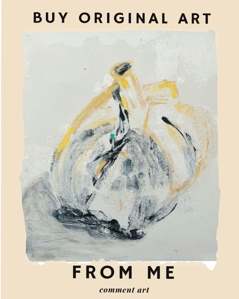 Hand painted garlic on cotton paper in an advertisement that says “buy art from me, comment art”