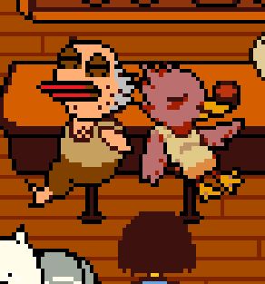 Two very ugly, very wasted bird NPCs from the Grillby's location in Undertale.