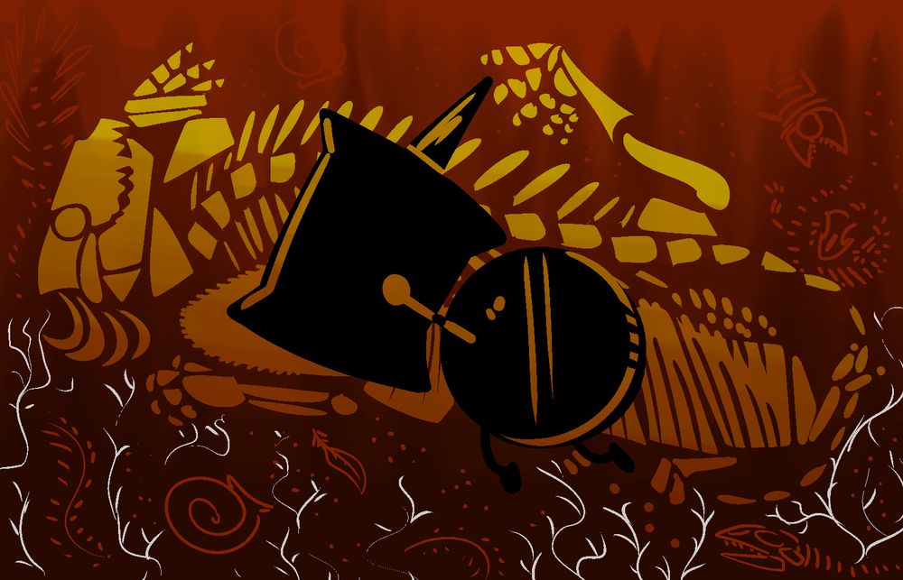 Artwork of Coiny and Pin from Battle for Dream Island. As silhouettes, Coiny holds Pin, with multiple stylized fossils in the background. The largest fossil represents the real-life burrow cast BP/1/5558, in which both a thrinaxodon and broomistega specimen are found together.