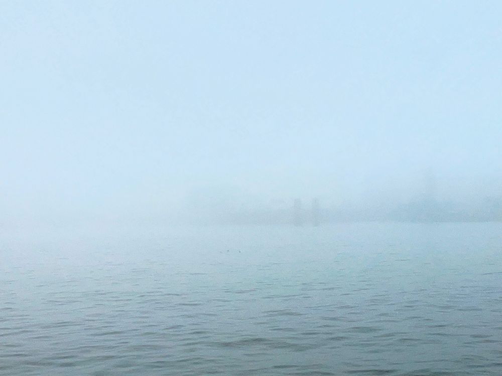 Ufer in dichtem Nebel nur Umrisse 