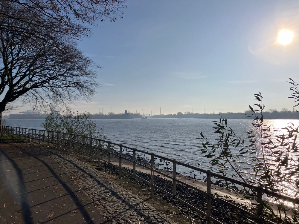 Der Weg und ein Geländer dahinter die Elbe auf der sich die Sonne spiegelt 