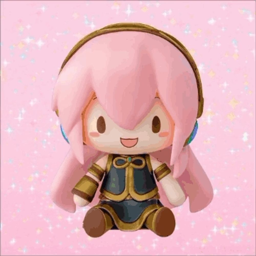 a doll with pink hair is sitting on a pink background with stars