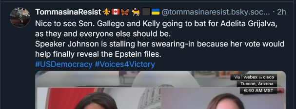 A skeet from user @tommasinaresist.bsky.social which reads "Nice to see Gallego and Kelly going to bat for Grijalva, as they and everyone else should be."