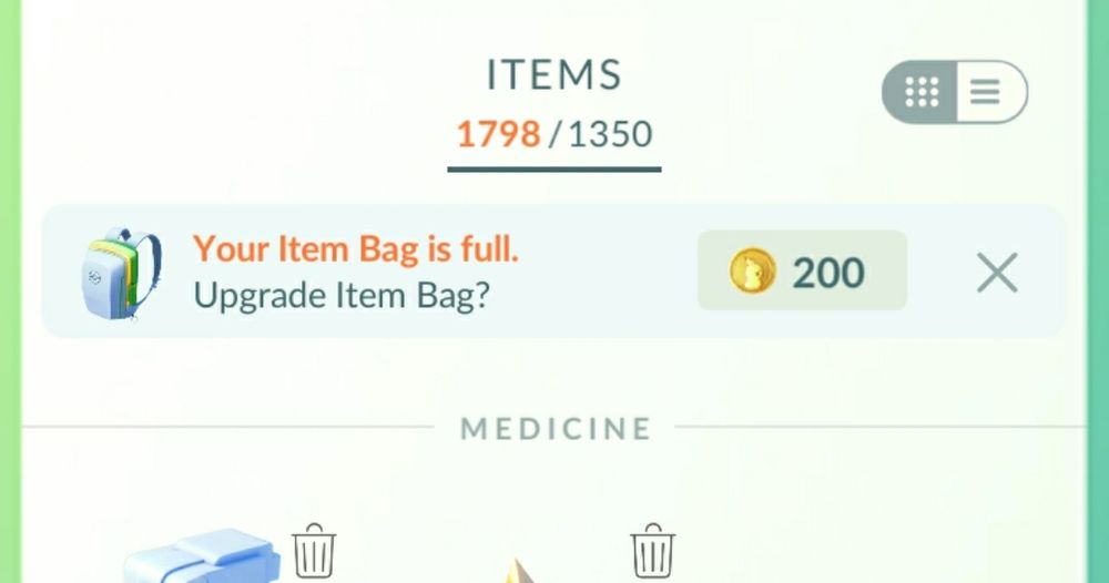 A screencap of my bag menu in Pokemon Go showing that my item cap is 1350 and the actual amount of items being 1798. Under this is a popup asking if I would like to spend 200 pokecoins on a bag upgrade. 