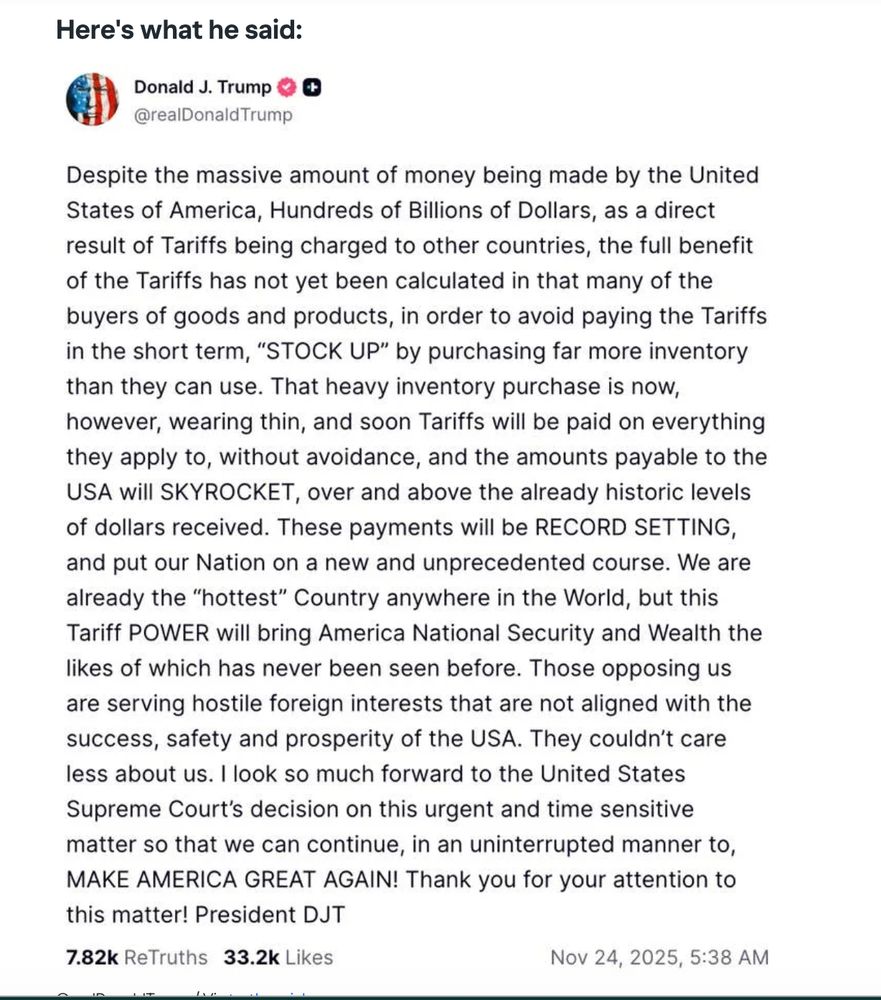 Trump screenshot: He claims tariffs are paid by other countries, warns prices will rise as stock runs out, and calls this “Tariff POWER.”