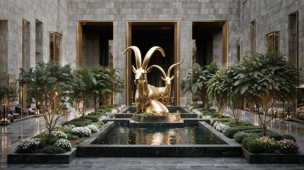 Contemplative interior courtyards, emotional design
Golden sculptures, both monumental and symbolic, give the atmosphere a majestic feel.