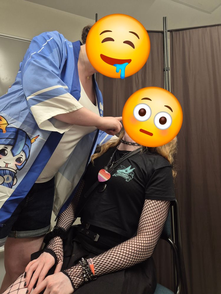 Dandyfloss holding Misty's hair back while she holds her mouth open to spit in it from above