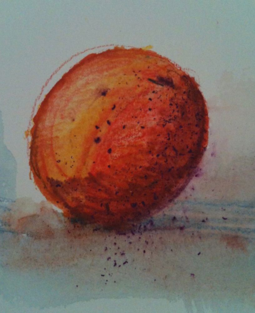 A painting of an orange on a flat surface. The orange tilts to the right a little as if it's about to roll away.
