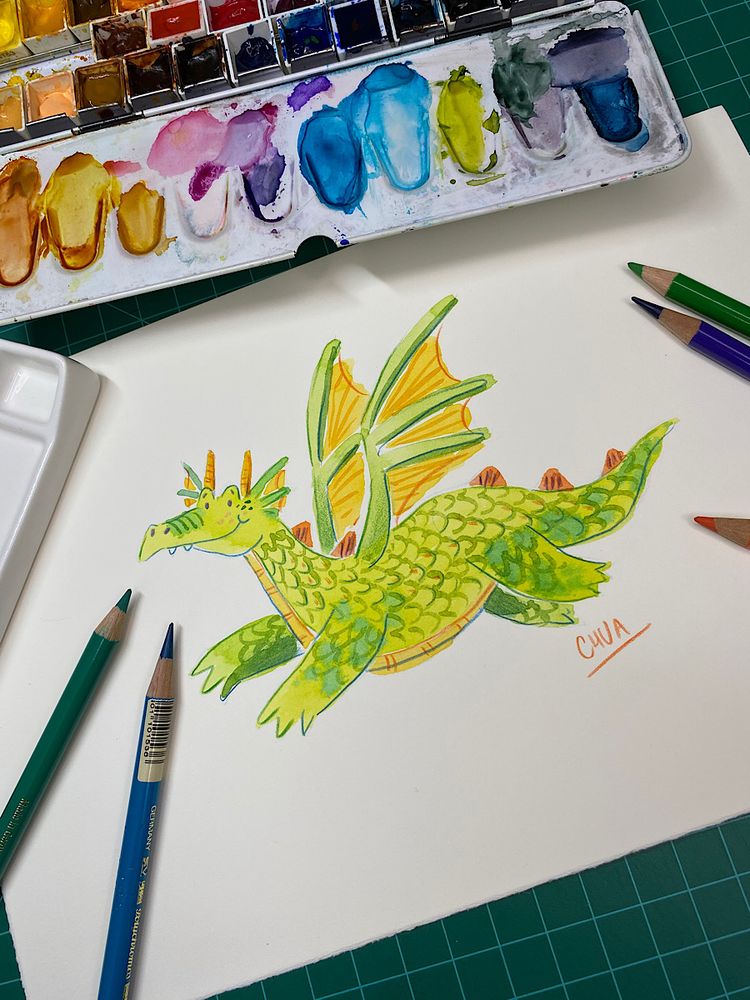 Illustration of a friendly green dragon in watercolor and color pencil