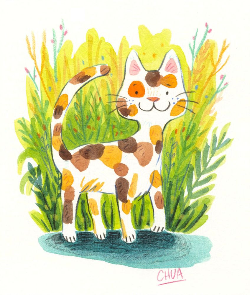 Watercolor painting of a calico cat surrounded by grass and flowers