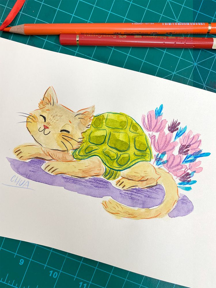watercolor painting of a pale yellow cat with a turtle shell on its back. it is a cat-turtle. it's eyes are closed and it is smiling.