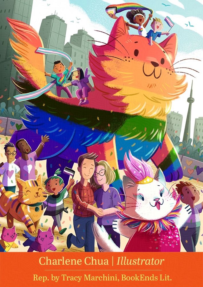 Illustration of a Pride parade featuring kids riding a giant rainbow cat. Around it are other parade participants including several people and a cat in drag.

#kidlitartpostcard #kidlitart #art #pride