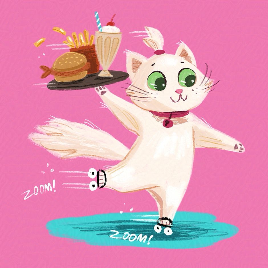 White cat with roller skates holding up a tray with fish burger and fries