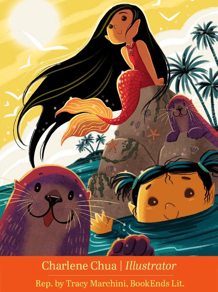 Art of an Asian mermaid sitting on a rock with an otter and smaller mermaid in the water in the foreground. Some tropical trees and islands are in the background.