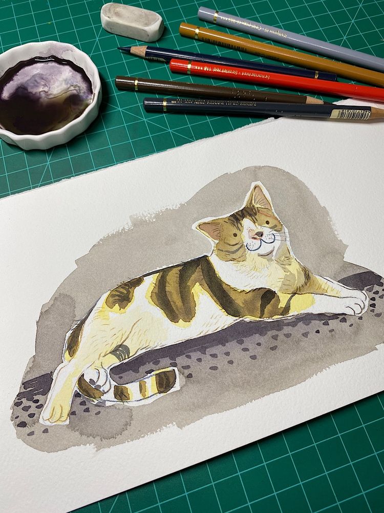 Watercolor painting of a patchy tabby cat. The cat is a rescued male cat named Scar 