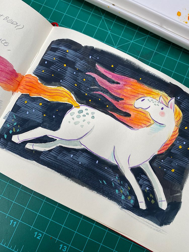 Painting of a white horse  with yellow and pink mane, running on a night sky. Painted in gouache and watercolor.