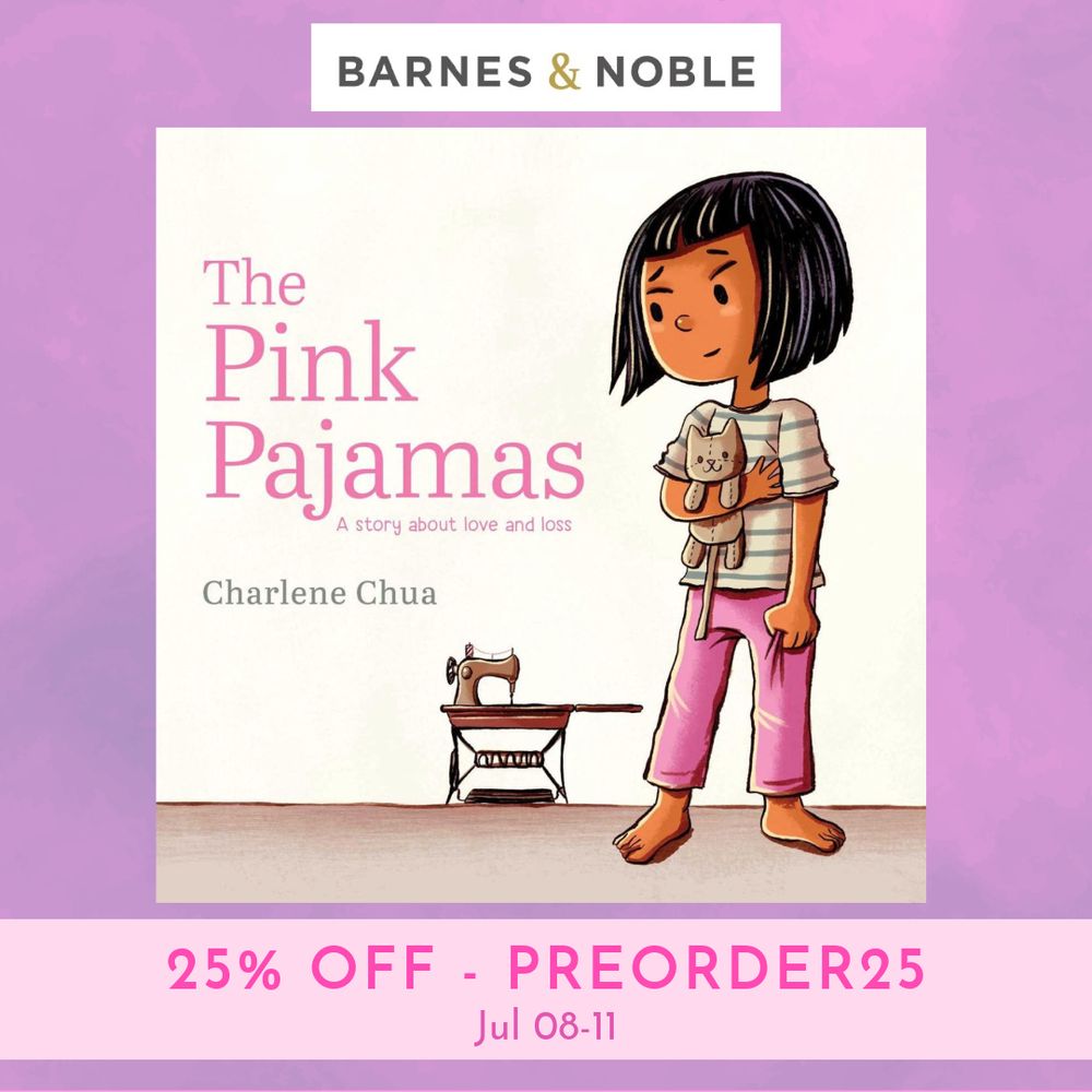 art showing the cover of The Pink Pajamas with the B&N logo and the words 25% off - preorder25, jul 8-11