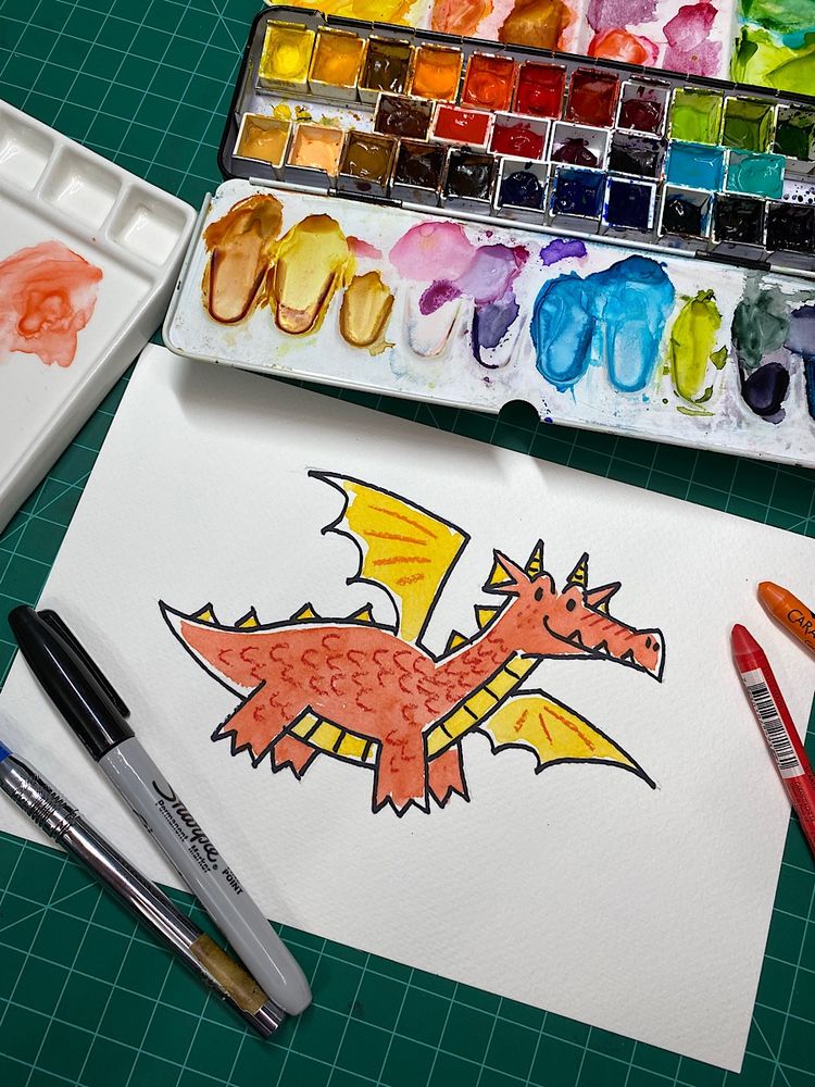 Painting of red dragon with yellow wings , Watercolor and crayon 