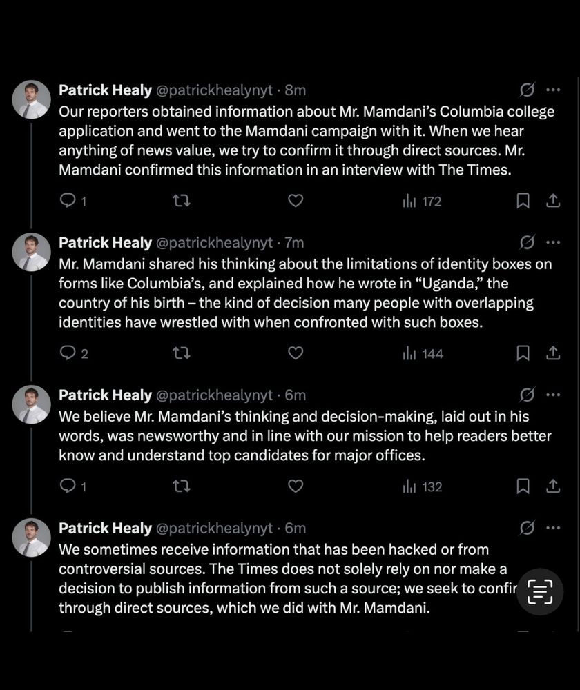 Patrick Healy, the NYT standards editor, failing to address the question whether the piece it ran on Zohran Mamdani’s college app was a meritricious hit piece, unethically sourced from a politically motivated hacker