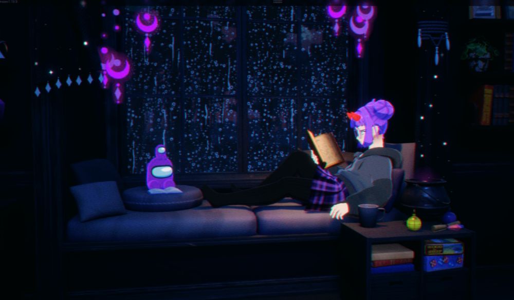 screenshot of Spirit City: Lofi Sessions, showing a white woman with purple hair in two buns and hot pink horns wearing large round wireframe glasses, a grey hoodie, a purple plaid skirt, and black stockings lounging on a window seat, reading a book. a purple Among Us crew member sits on a round pillow at her feet, reading its own book, with a mini crew member on its head. the window behind the window seat is soaked in rain and it's night outside.