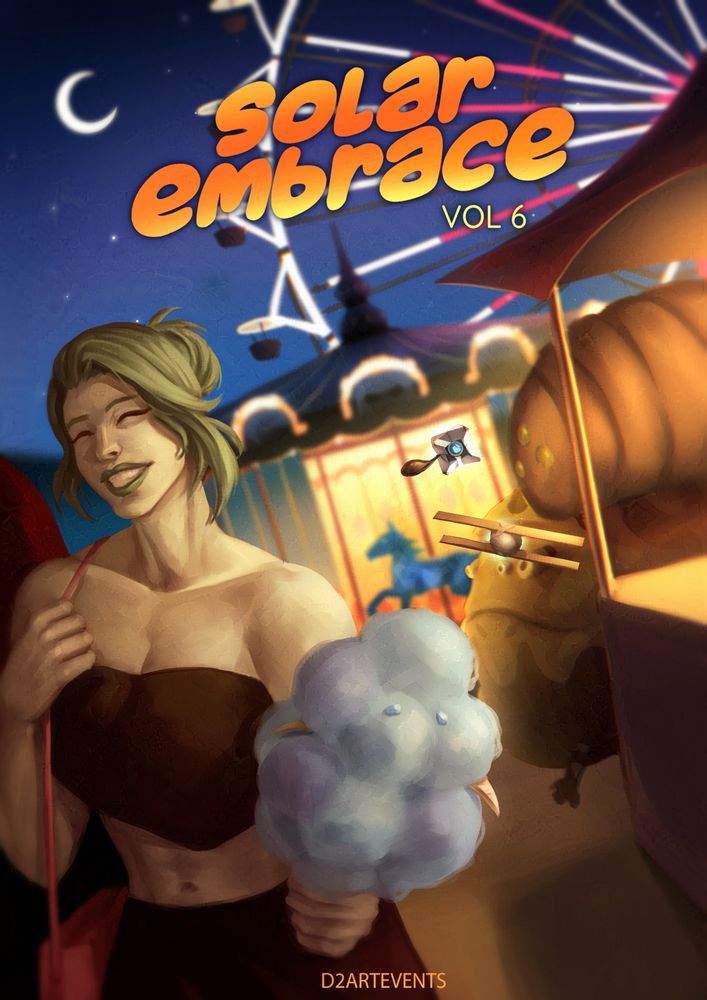 A painted illustration of a fair set in the Destiny universe by Bungie. A green haired fem presenting awoken with pale green skin is smiling while holding a blue cotton candy screeb. Behind her there are two ghosts playing on a station, throwing balloons in order to try to get a plushie. Two plushies are on display: one of a hive worm and one of a Io frog.
On the foreground there is a carousel with a cosmic horse and a ferris wheel that illuminates de night sky.