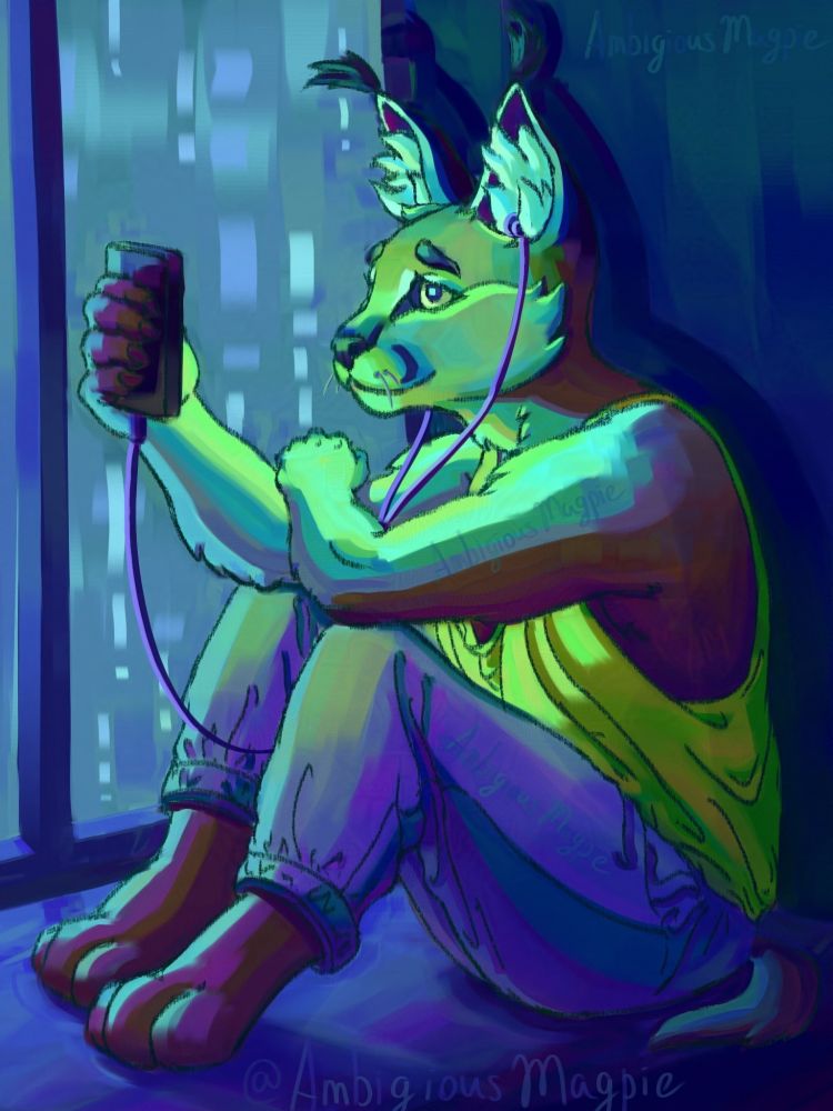 Digital painting mostly in shades of green, blue and purple of a caracal furry OC sitting on a windowsill while it's raining outside. She's wearing a sleeveless top and sweatpants, leaning on her bent knees with her arms. She's looking at the phone she's holding in her right hand, and her left hand is on her right upper arm. She has wired earphones in her ears, connected to her phone.