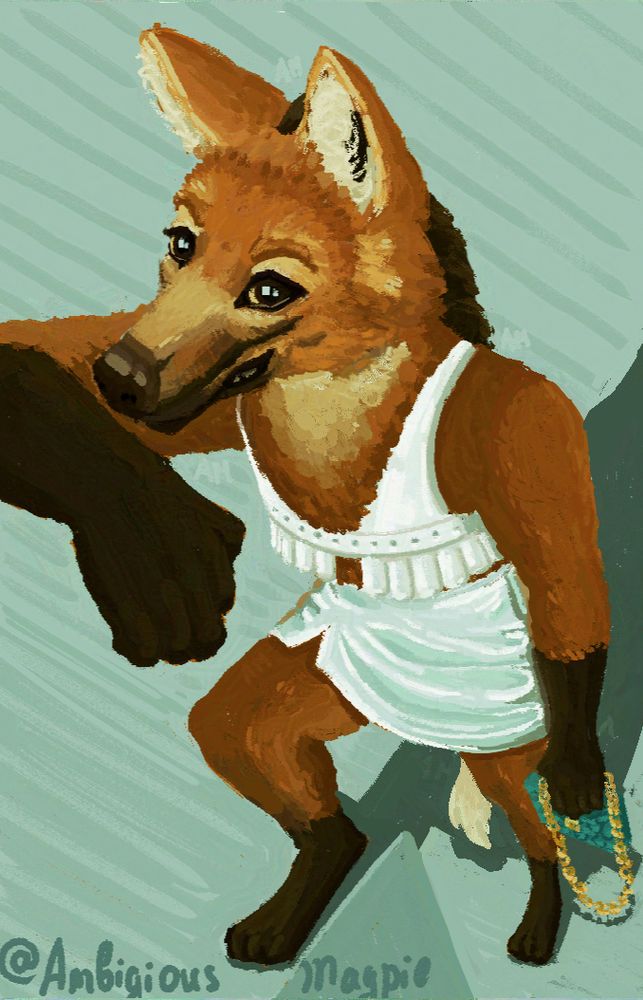 An anthropomorphic maned wolf (furry OC) is leaning in a top-down view with their right leg up on a platform, they're wearing a shiny silvery miniskirt with a small triangular cutout at the right hip and a white top with a deep V-neck cutout and pleated material at the bottom. They're also holding a small teal mini bag with a golden chain in their left hand, and grinning a little at the camera. 