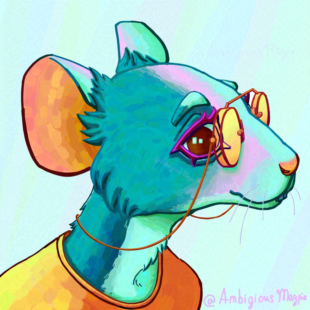 A hyperpop-style painting of my mouse fursona, Magpie (they/she, same as me), their fur painted in shades of teal and a bit of light purples, with the inside of the ears, the shirt, the nose and the glasses being in orange and yellow shades. The eyelashes are a deep purplish red with bring purple where the light hits them, and the eye is brown and has no pupil and two square teal highlights. They have pince-nez style glasses (because a mouse wouldn't be very comfortable in standard glasses), with a long string attacked to them on both sides (so even if they fall off they'll just hang on the neck - I had a thing like that on one of my kid's glasses). Their fur color is meant to be black and white, but since it's hyperpop, I went for teal shades instead. Five of their light purple whiskers are visible. 