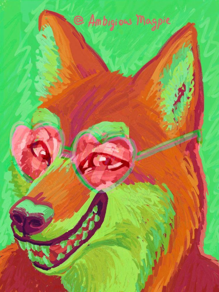 Hyperpop-style image of a female coyote furry character done mostly in shades of green, orange, and burghundy with a green scribbled background. She's wearing pink heart-shaped glasses and grinning mischievously at the camera. 