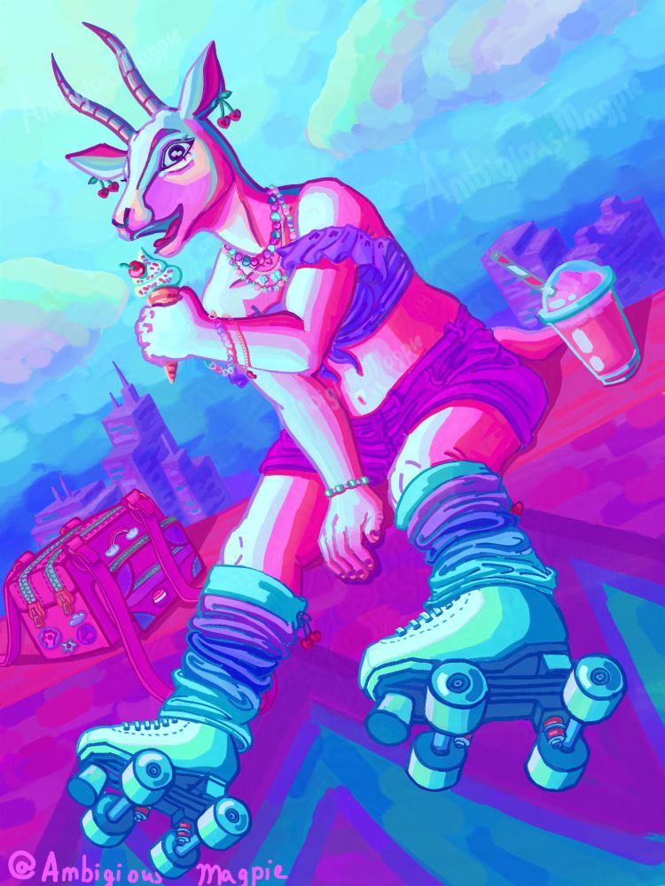 Hyperpop-style digital art of a furry gazelle OC sitting on a wall covered in graffiti with city buildings and clouds visible behind her. She's wearing cute bracelets and three necklaces with hearts, beads and stars, and wearing teal rollerskates with multicolored (teal, blue, periwinkle and purple) legwarmers. One of the two bracelets on her left hand is a half of a heart-shaped pendant (her gf has the other half). On her left is a bag with several zippers, an extra compartment in the front, long straps, and some pins, including a lesbian pride pin. To the right of her is a strawberry milkshake in a plastic to-go cup with a peppermint-colored straw. The ties on the legwarmers have little heart pendants on them. She also has cherry-shaped earrings and an ice cream with a single cherry and sprinkles in her left hand. She's wearing bright purple jean shorts and a darker purple crop top with a tie in front and off-shoulder frilly straps. Her mouth is open as she's preparing to lick the ice cream. She's mainly colored with pinks, except for her head and ears which have some teal and purple shades. The wall she's sitting on is mostly purples and pinks, as well, except the graffiti on the side, which is dark teal. Author's signature is written in bright pink under the right roller skate (@AmbigiousMagpie). 