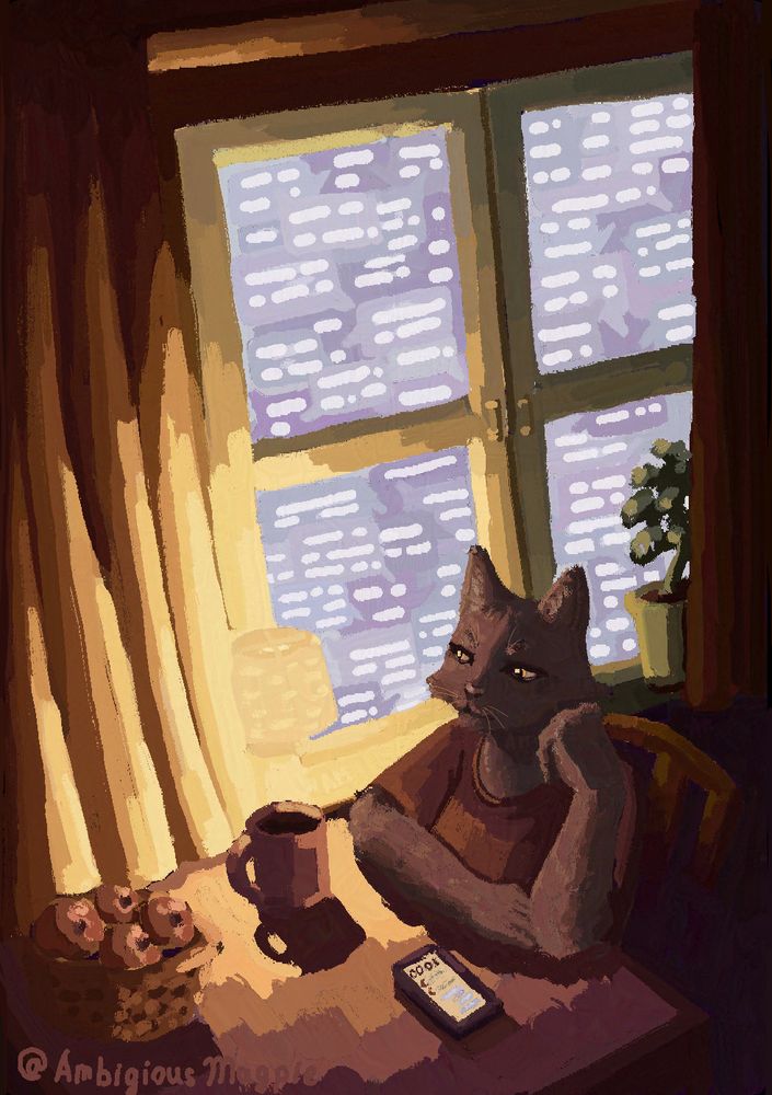 Painting of a black cat sitting at a table near a window with an empty cup, a basket of apples, and a phone. The time on the phone is 00:01, there are also multiple missed calls, and several unread messages. The table and the curtains of the window are lit up by a lamp on the left side of the windowsill. On the right side there's a plant partially covered by the curtains. The main shades in the painting are reds, oranges and pinks for the curtains and the table, and purples and blues for things the light doesn't reach. Many text message bubbles are on the other side of the window, right up against the glass; they fill all the glass panes so that nothing else can be seen. The black anthropomorphic cat in a burgundy shirt is leaning on her left hand, glancing disinterestedly at all the messages seen through the window.