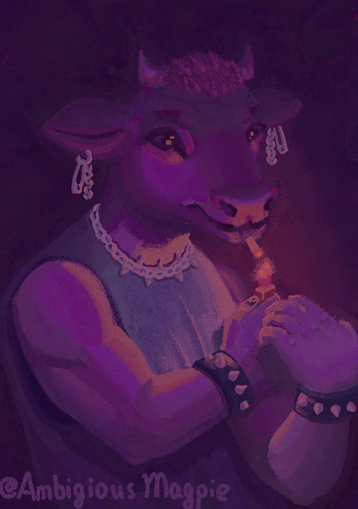 Art in shades of purple with some oranges and pinks of a cow wearing a sleeveless shirt, with spiky hair and punk jewelry (spiky necklace, spiky bracelets and paperclip earrings) lighting a cigarette in the dark. In the lower left corner the artist's name is written - @AmbigiousMagpie.