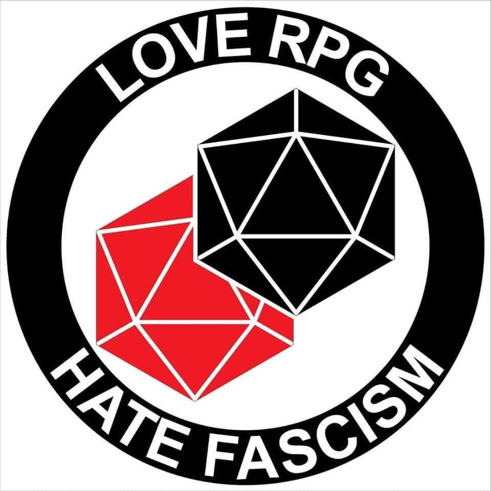 Logo : deux dés 20 stylisés, un noir, un rouge, entourés d'un cercle qui dit «Love RPG, Hate fascism»