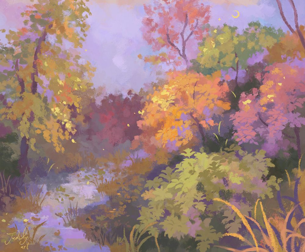a painting of an autumn scene with trees and bushes on the side of a river, it has dreamy colors and purple undertones