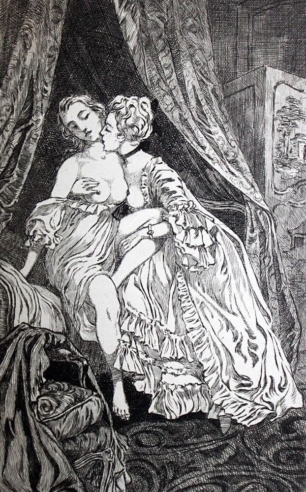 a black and white drawing of two ladies sitting on the side of a bed, one is kissing the neck of the other and touching them, their dress is pulled down to reveal their chest. the vibe is intimate and erotic
