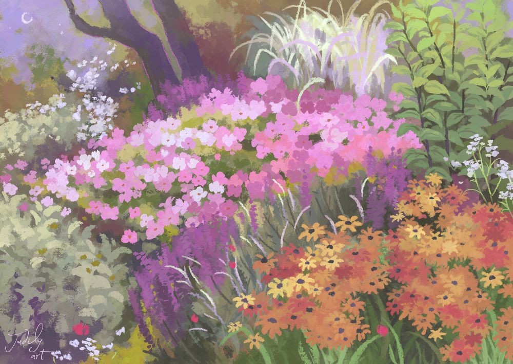 a painting of different types of flowers; pink, orange, purple, white. it has a dreamy feel to it and textured brush strokes