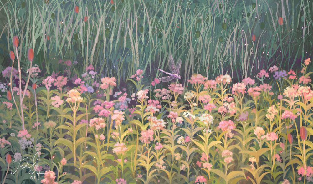 a painting of a line of tall pink and purple flowers that's very lush, there's a dragonfly in the middle
