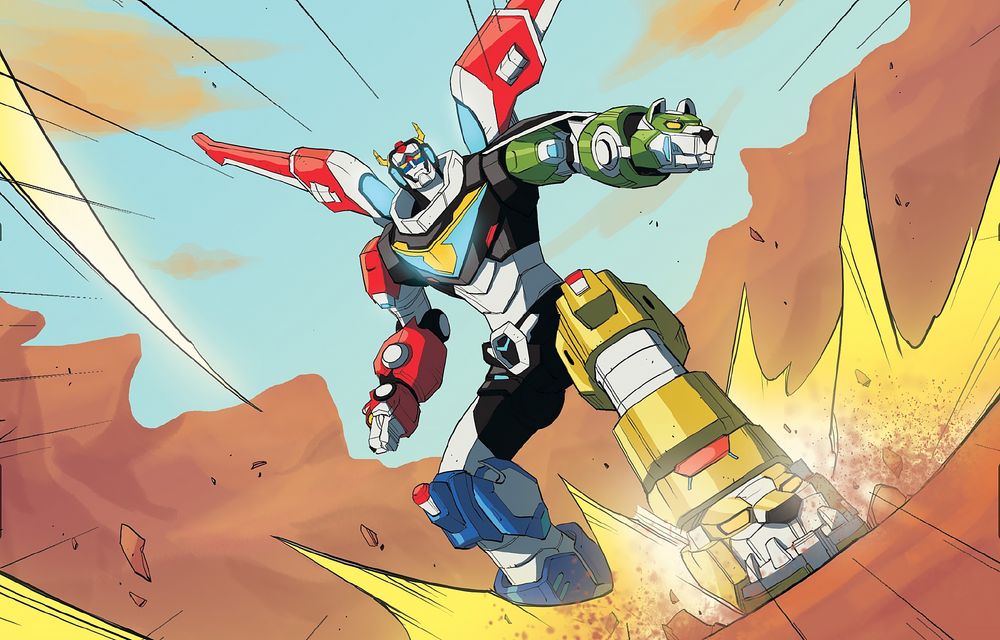 Cartoon still of Voltron stomping his massive foot into the ground with a mighty slam.