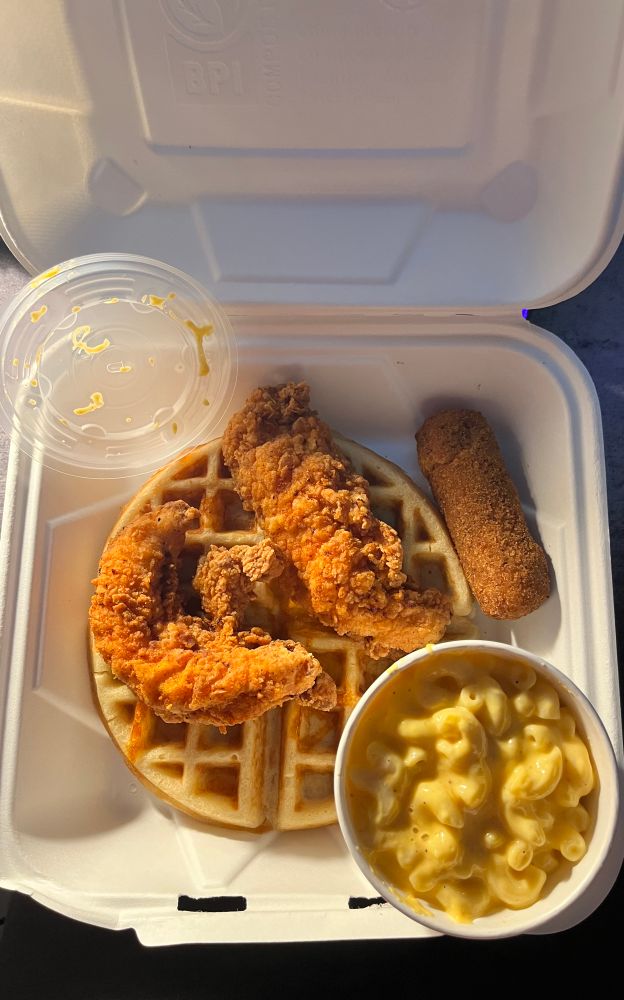 Chicken waffles Mac n cheese and a girthy mozzarella stick
