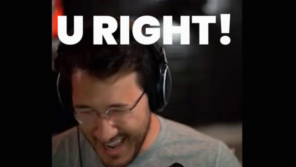 a man wearing headphones and glasses is making a funny face with the words `` u right '' above him .