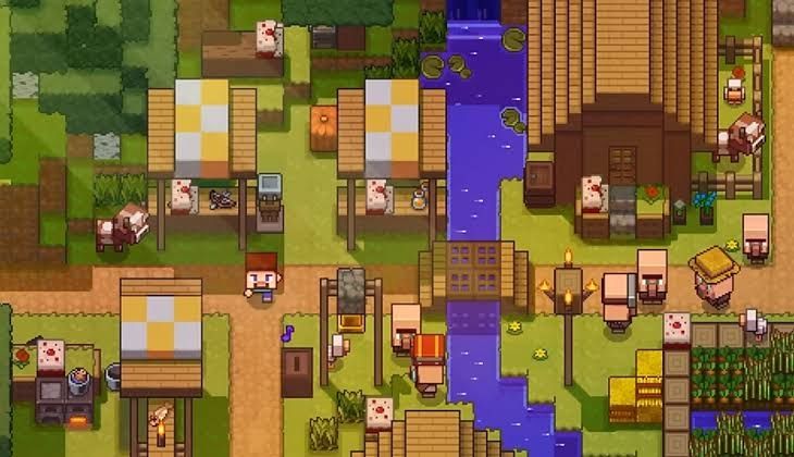 Jogo no Minecraft no estilo Stardew Valley, em um vilarejo cheio de moradores, animais e plantações.