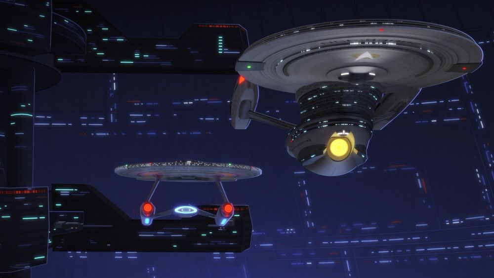 The Cerritos and Archimedes leaving spacedock in the episode “First First Contact.” The Cerritos is on the bottom left of the frame and the Archimedes is on the upper right. 