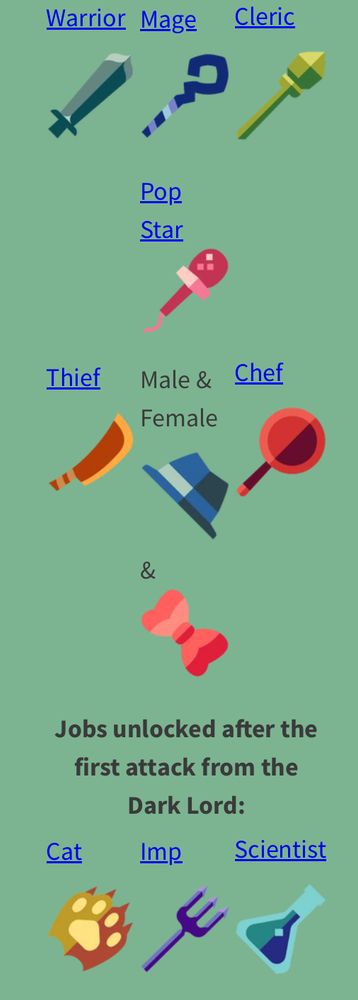 page of the miitopia jobs, alongside their icons