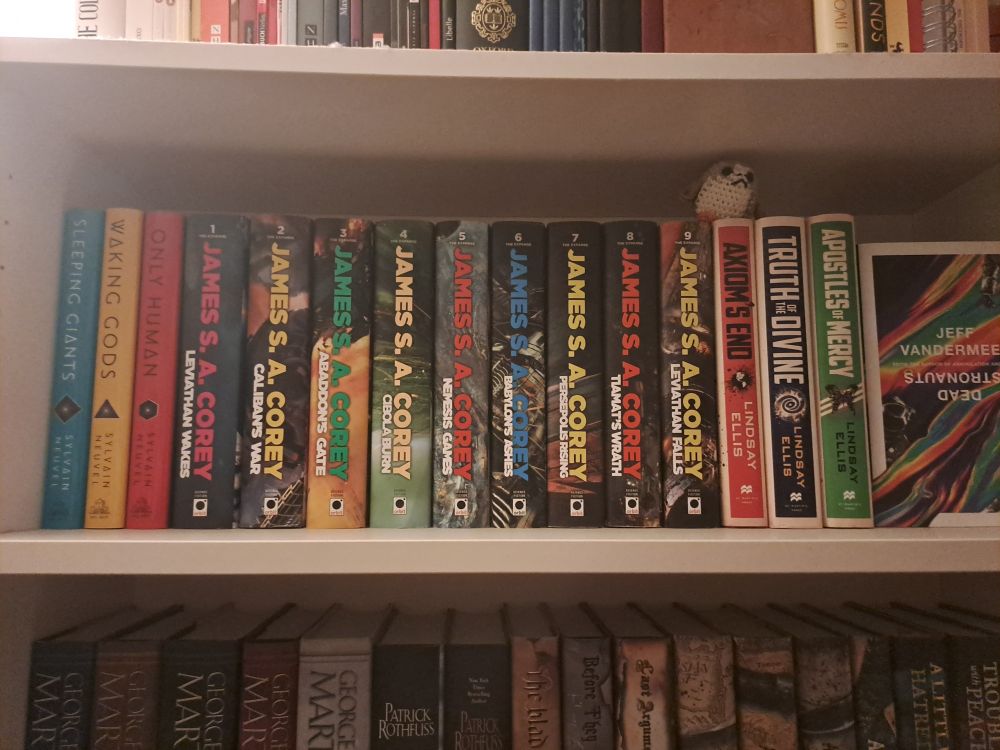 Picture shows my bookshelf with the expanse series hardcovers on them, between other sci-fi series. 
There is also a crocheted porg sitting on the books.