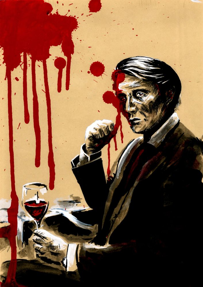 Mads Mikkelsen as Hannibal, drawin in black and white ink on cream coloured paper, with a few accents and splatters in red ink. He's holding a glass of red whine and looks at the viewer.